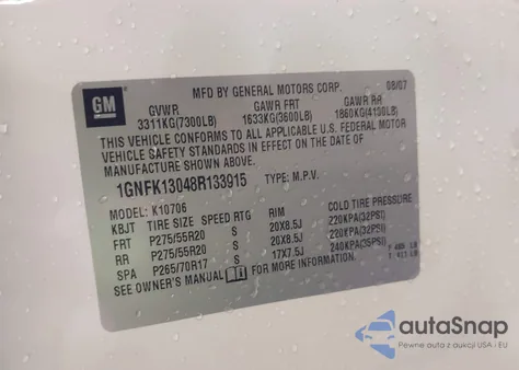 2008 Chevrolet Tahoe Ltz from USA, damaged, VIN 1GNFK13048R133915